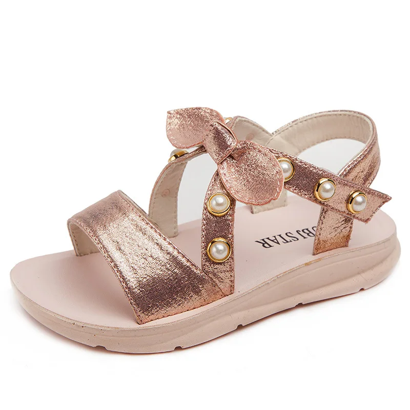 

Free Shipping Kids Sandals Girls Summer Shoes Fashion Sequin Pearl Bow Princess Sandals Flat Heels Children Girl Shoes EU 26-36