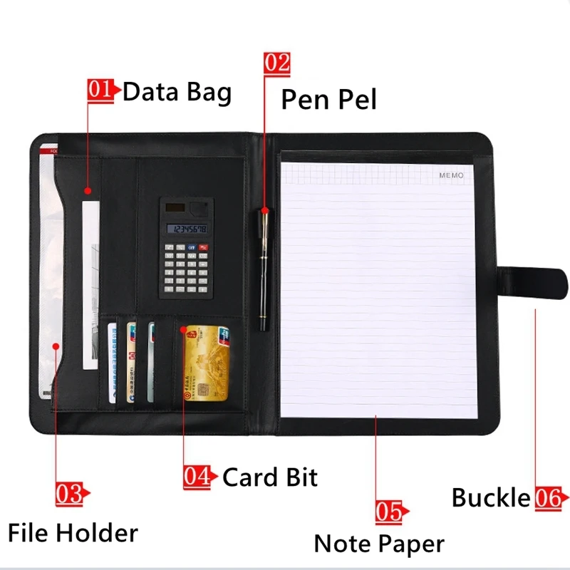 

New A4 File Organizer Portfolio Folder Document Bags Multi-function Card Holder Pen File Clip Calculator Memo PU Leather Notepad