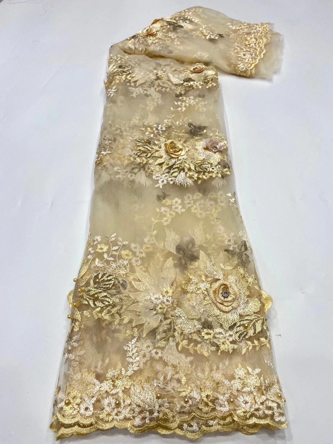 Желтая французская кружевная ткань 3D цветы вышитая африканская тюль с бусинами