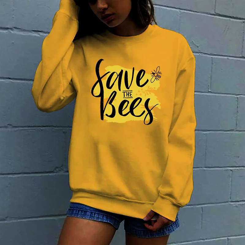 

Women Hoodie Save The Bee Printed Hoodies Women Fleece Long Sleeve O Neck Loose Sweatshirt Girls Pullovers Winter