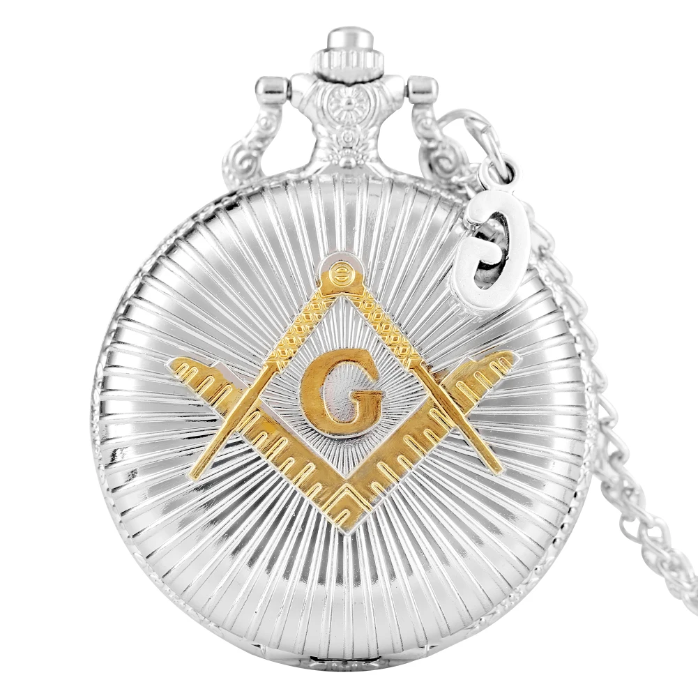 

Luxury Silver Masonic Freemasonry Theme Alloy Quartz Pocket Watch Freemason Pendant Hour Clock Necklace Chain with G Accessory