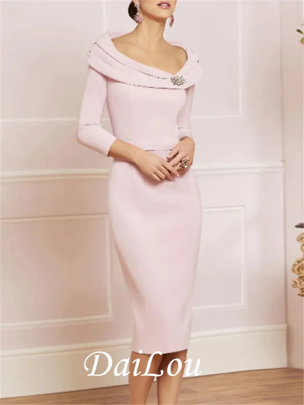 

Sheath / Column Mother of the Bride Dress Plus Size Elegant Vintage Scoop Neck Knee Length Jersey 3/4 Length Sleeve with Beading