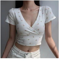 top women american retro v neck slim short sleeved floral print crop tops sexy y2k bodycon elegant white kawaii summer t shirt