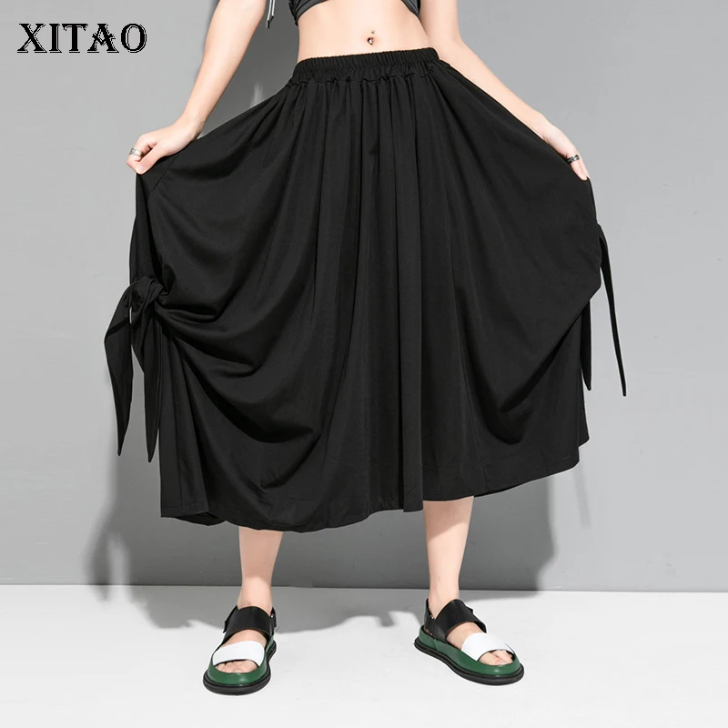 Женская плиссированная юбка XITAO черная Свободная на шнурке с эластичной резинкой