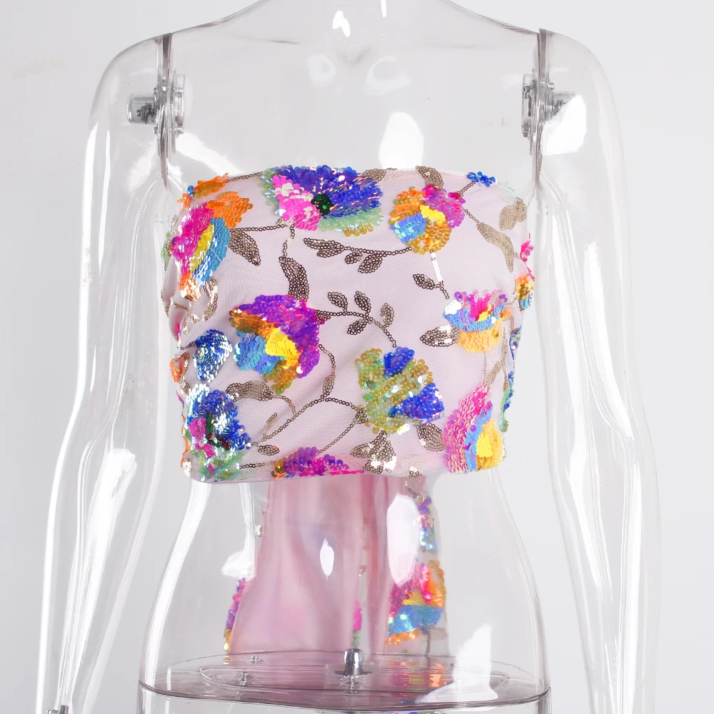 

Floral Sequin Embroidery Pink Summer Crop Top with Necklace Tie Up Full Lining Evening Night Party Camis Chain