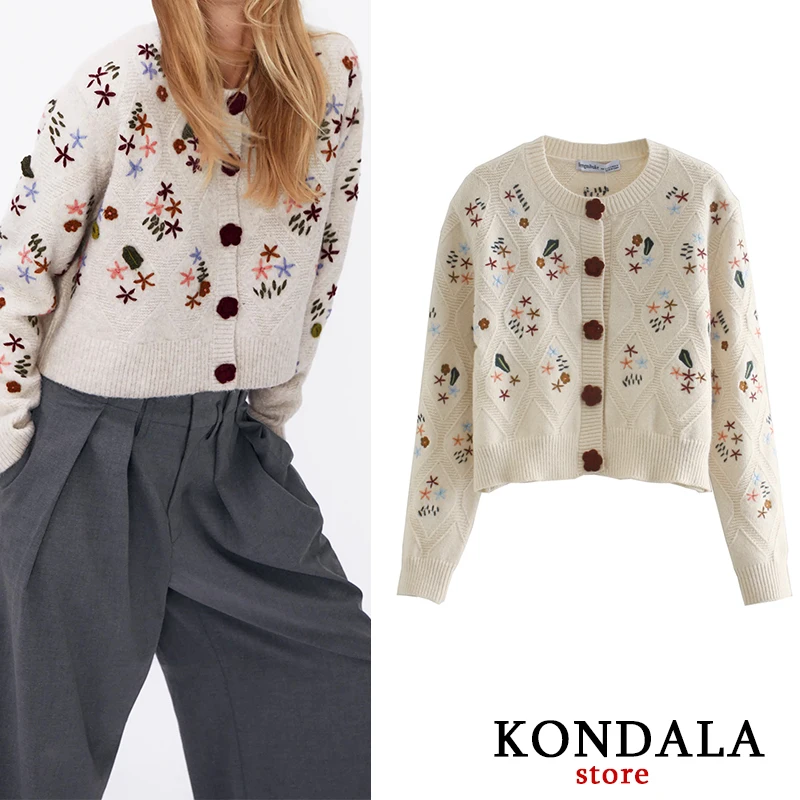 Повседневный вязаный свитер для женщин Za Цветочный принт кардиган с аппликацией