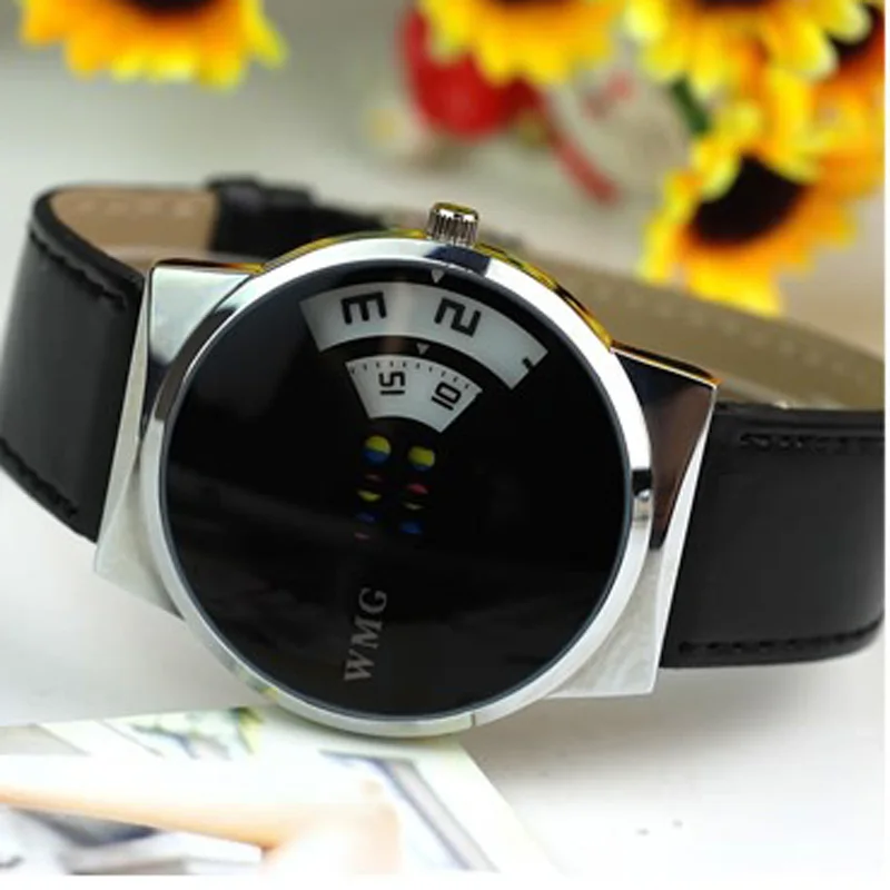 

Men's fashion watch 2021 simple casual creative colorful carousel scale pu belt three-dimensional dial belt quartz watch BK