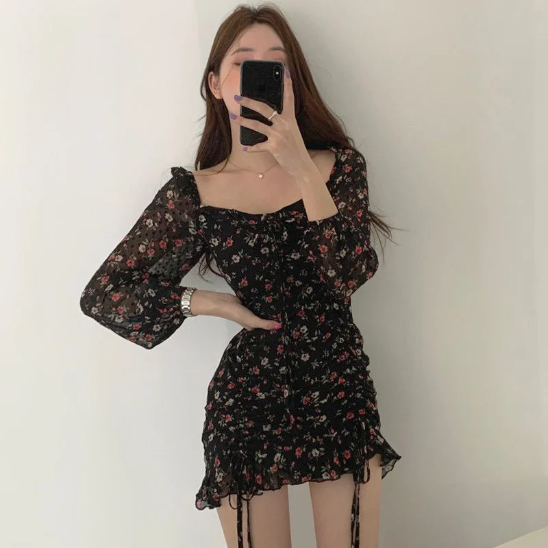 

Платье женское Винтажное с поясом, милое модное шикарное платье на шнуровке, с цветочным принтом, с квадратным вырезом, с оборками, в Корейск...