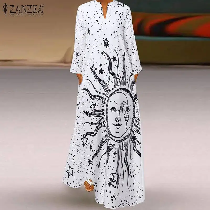 

ZANZEA осеннее женское длинное платье с длинным рукавом и цветочным принтом, винтажное вечернее платье, платье большого размера, Женский кафта...