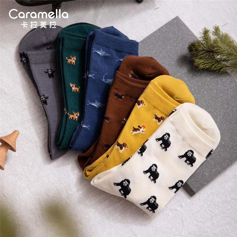 Caramella 2020 New Cotton Men Socks 3Pairs/Lot Cartoon Animal Unisex Socks Cute Dog Socks Funny Blue Shark Socks Couple Socks