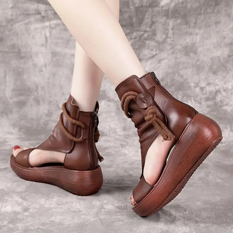 

comemore Women Summer Sandals Mid Heels Wedges Shoes Ladies Vintage PU Leather Plus Size Sandalias Mujer Sapato Feminino 2021