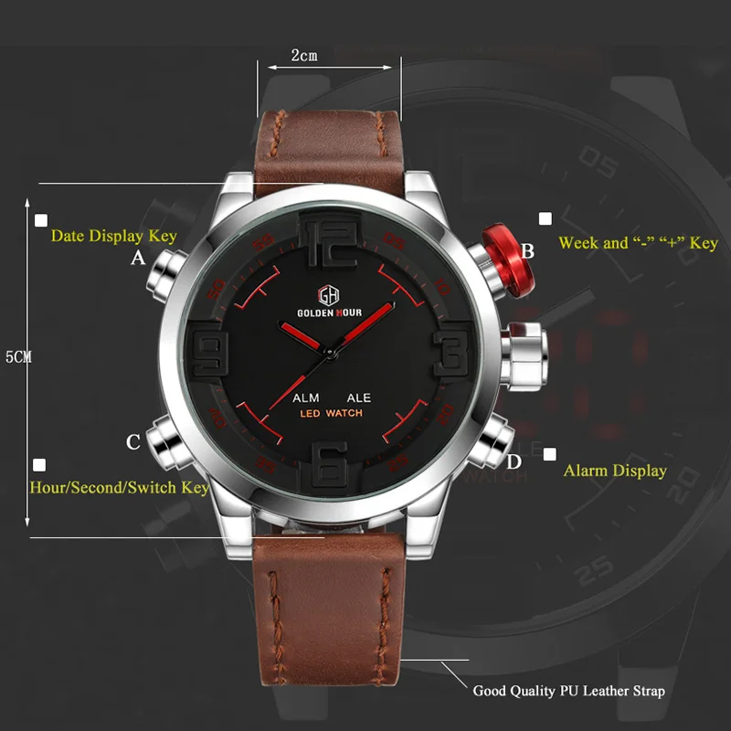 Мужские наручные часы GOLDENHOUR автоматические спортивные кожаные в стиле милитари