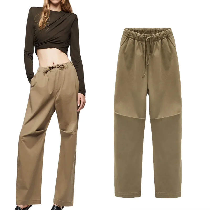 

2021 Za Pleated Long Pants Woman Fashion Low-rise Elastic Waist Autumn Pant Casual Loose Side Pockets Back Pocket Pants Women