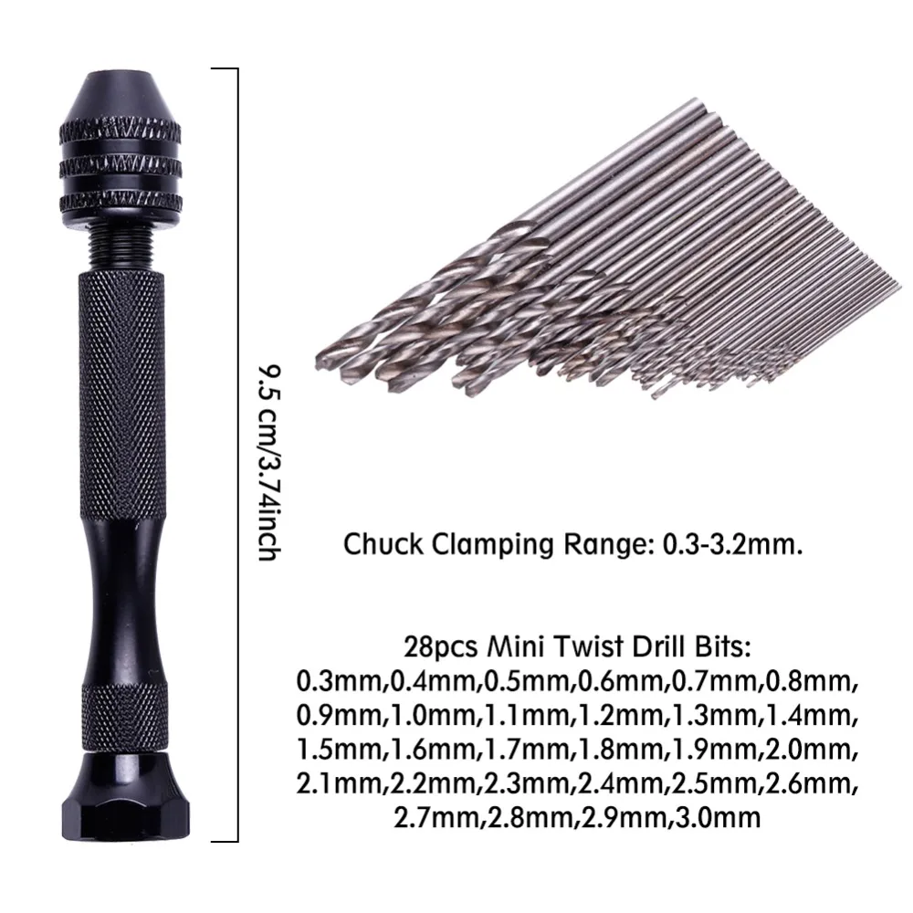 

Top Sale 1Set Aluminum Mini Micro Hand Drill Keyless Chuck With 28pcs,30pcs,40pcs Twist Drills Bits Rotary Jewelry Tool #279891
