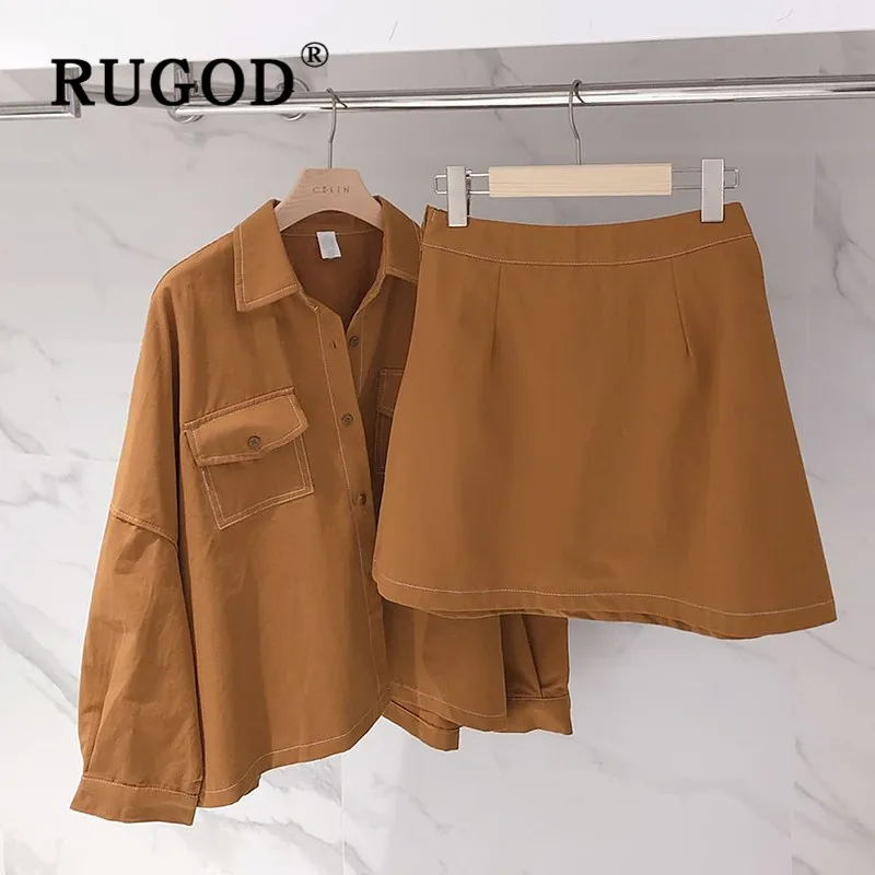 RUGOD/ г. Новая Осенняя Женский комплект 2 шт. рубашка и юбка отложная Свободная блузка с воротником Высокая талия тонкая юбка трапециевидной формы Мода mujer