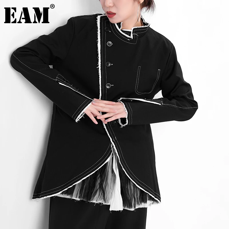 

[EAM] Women Irregular Mesh Black Spliced Blazer New Stand Collar Long Sleeve Loose Jacket Fashion Spring Autumn 2022 1DC90101