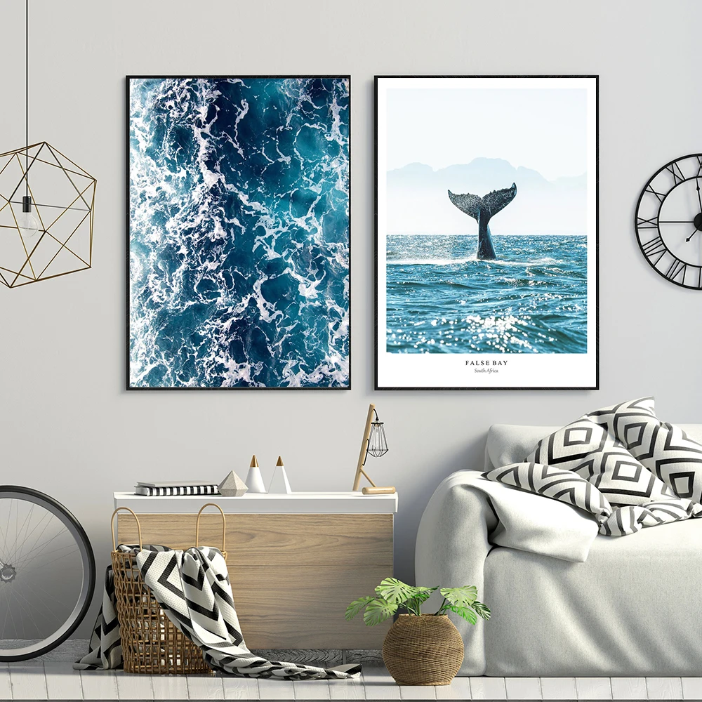 

Modern Blue Sea Wave Photography Posters Canvas Painting Whale Tail Wall Art Print Pictures Living Room Bedroom Nordic Decor