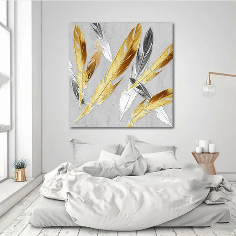 RELIABLI абстрактное искусство золотые серебряные перья Картина на холсте Настенная