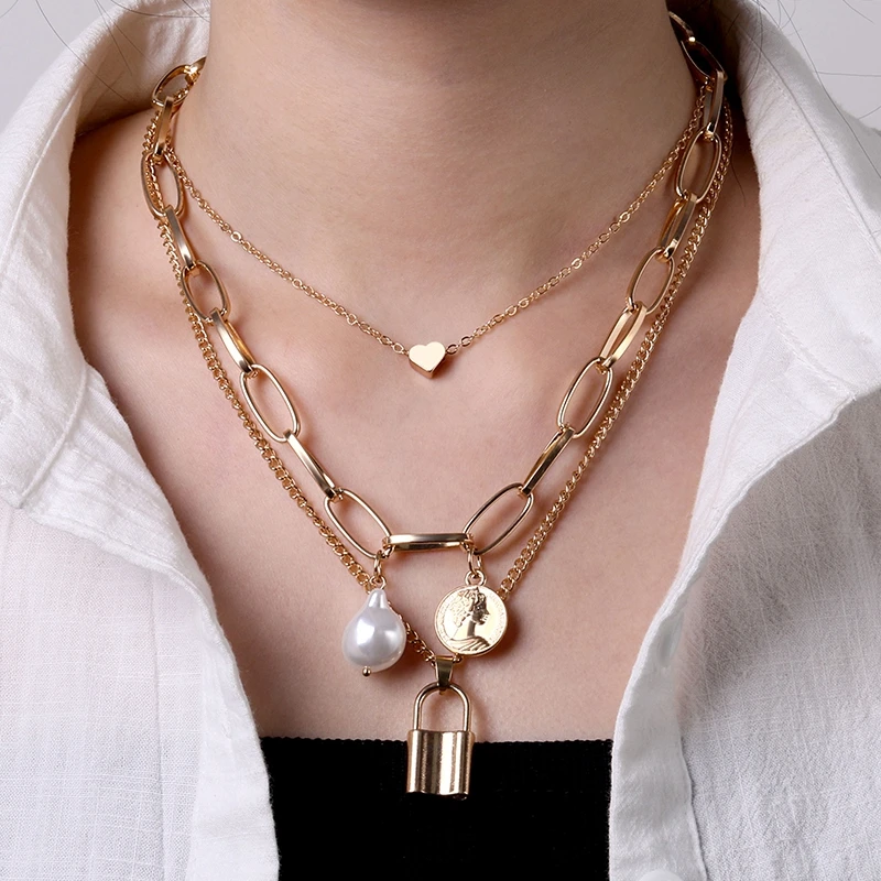 

VKME Vintage Multi-layer Coin Chain Choker Necklace For Women Fashion Baroque Pearl Lock Heart Pendant Necklaces Chains Jewelry