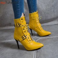 autumn winter 2022 mid calf boots women pointed toe super high and thin heel shoes buckle cross tied decorate size 319 footwear