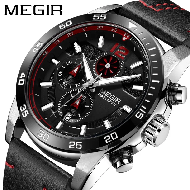 

MEGIR 2021 New Fashion Mens Watches Army Leather Top Brand Luxury Sports Chronograph Quartz Watch Men Relogio Masculino