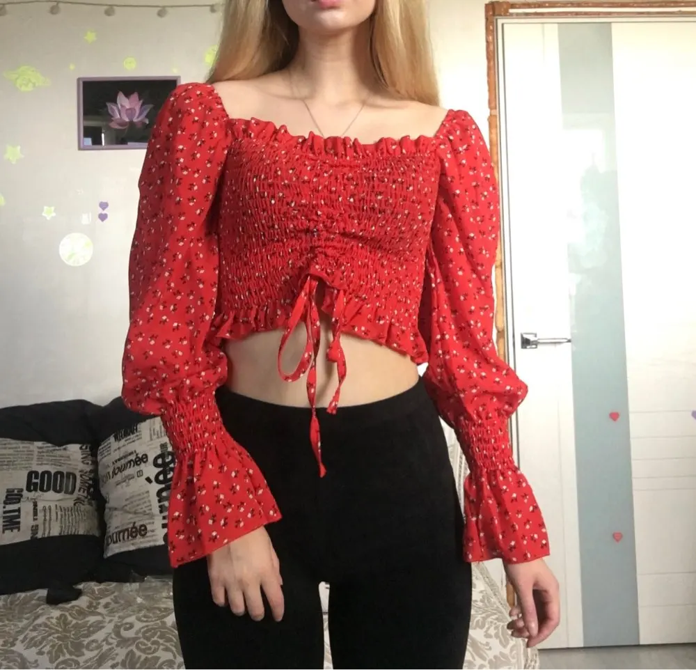 Рубашка MUMUZI женская шифоновая с коротким пупком блузка квадратным воротником и