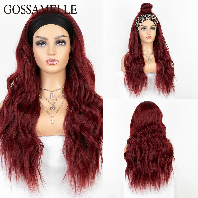 

Gossamelle бордовый искусственный волнистый синтетический парик для черных женщин, длинные безклеевые парики с повязкой на голову, косплей, син...