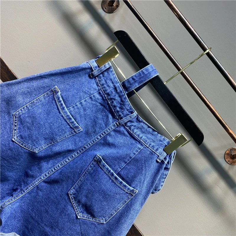 

CHICEVER Casual Solid Patchwork Pockets Denim Pant For Women High Waist Loose Minimalist Overalls Female Summer Fashion 2021 New