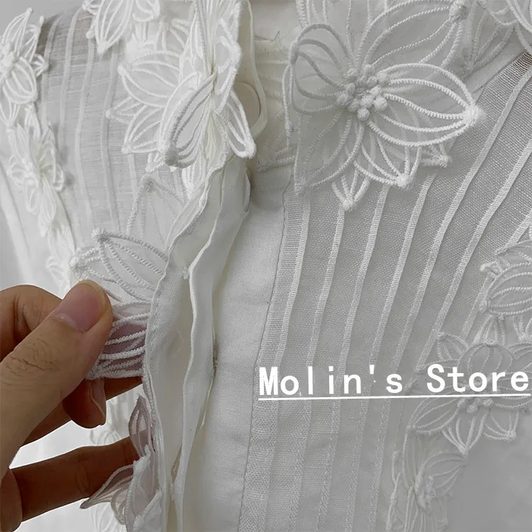 

Women's Set Lace Stand Collar Simple Sweet Lantern Sleeve Shirt High Waist Flower Hollow Skirt