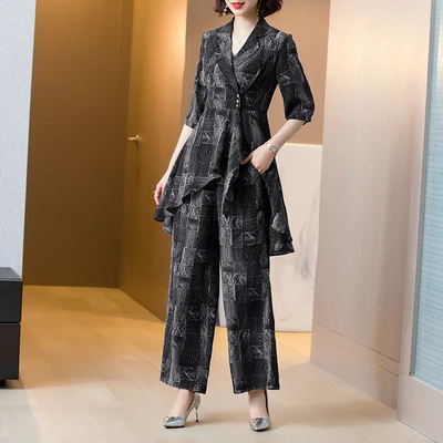 

Silk Luxury 2 Piece Set Women Wide Leg Pants Middle Aged Womens Matching Set Ensemble Pantalon Et Haut Femme Woman Suit