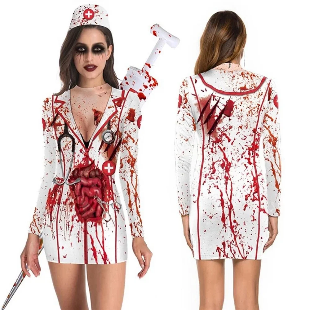 

Ladies Halloween Party Horror Costumes Bloody Nurse Zombie Cosplay Dress Sexy Ladies Round Neck Long Sleeve Pack Hip Dress Gifts