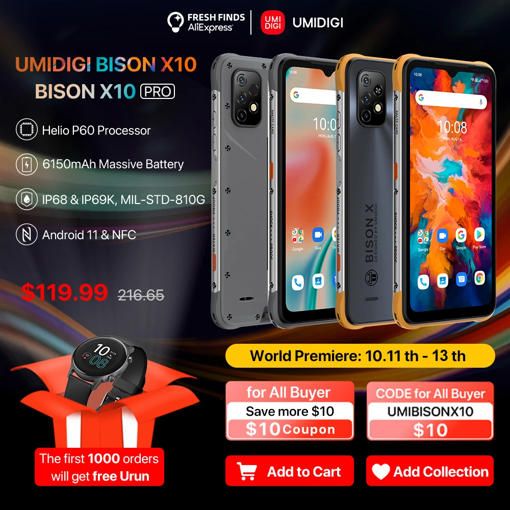 

Смартфон UMIDIGI BISON X10 X10 Pro, IP68 и IP69K, 64/128 ГБ, NFC, тройная камера 20 МП, 6150 мАч
