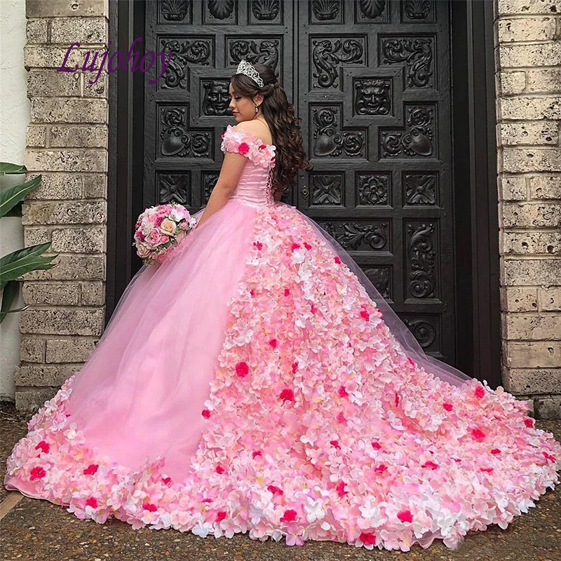 Розовое платье Quinceanera бальное размера плюс пышное маскарадное с цветами для