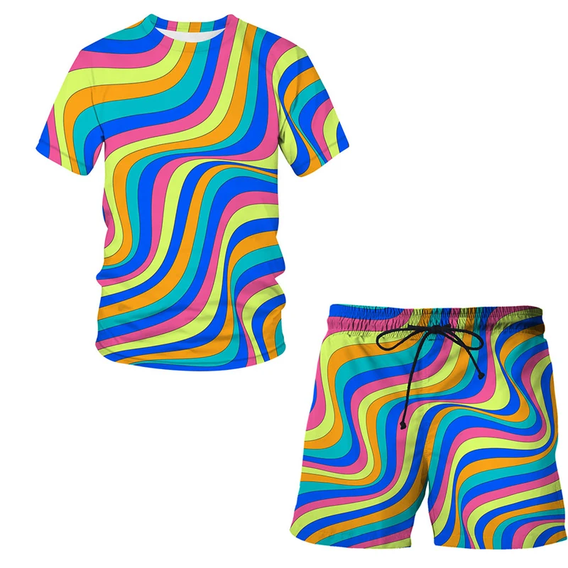 

Dazzling 3D Printed 2 Pieces Sets rainbow Clothing Casual Suit casual short-sleeved + shorts round neck tshirt Men clothing Tops
