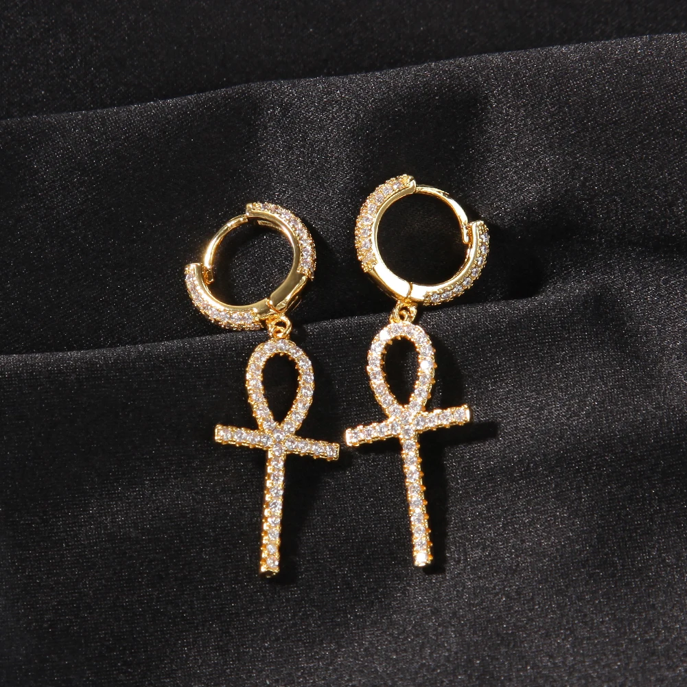 

New Fashion 1 Pair Iced Zircon Ankh Cross Drop Earrings Micro Paved AAA Bling CZ Stone Earrings Men Women Hip Hop Jewelry