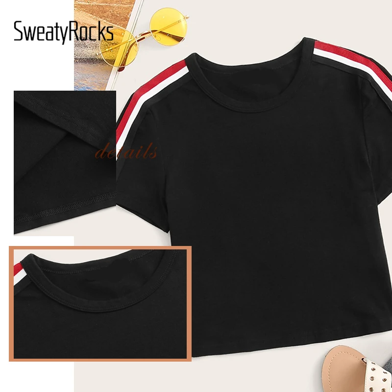 SweatyRocks топ в контрастную полоску, уличная одежда с коротким рукавом, женские футболки с боковой полосой, летние повседневные женские короткие футболки
