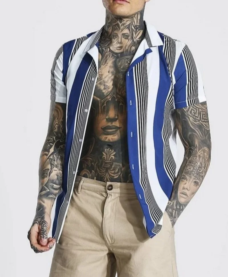 

Мужская одежда 2021 новая молодежная цветная полосатая Повседневная тонкая Модная рубашка с коротким рукавом больших размеров Camisas Para Hombre