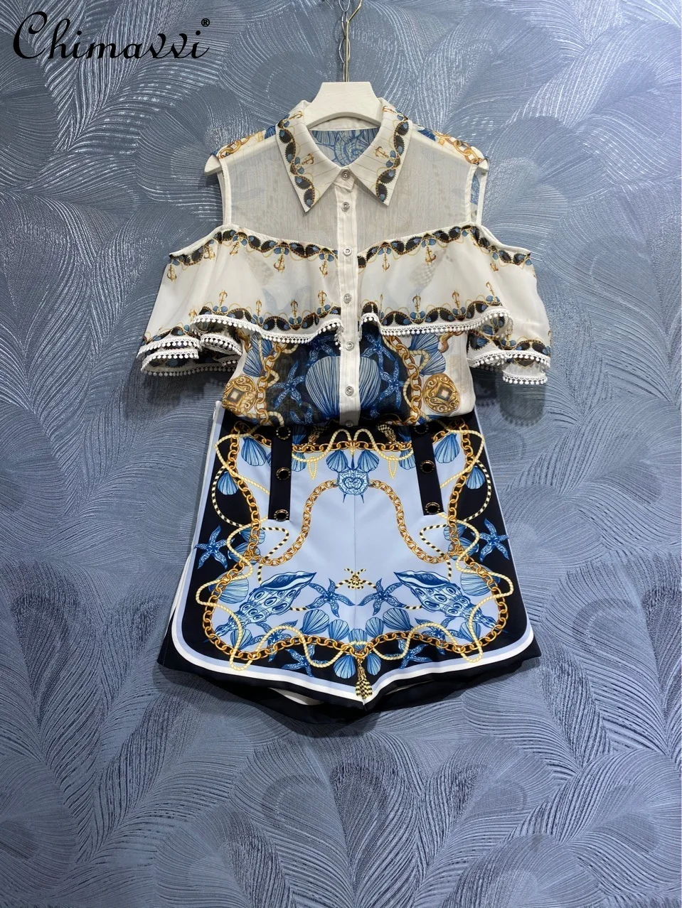 

Female 2021 Summer Fashion Casual Elegant New Lapel Printed Short Sleeves Shirt Loose All-matching Mixed Shorts Two Piece Set