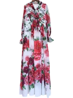 large rose printing silk full floor length high quality long sleeve flowers elegant maxi long dress seaside holiday party dress
