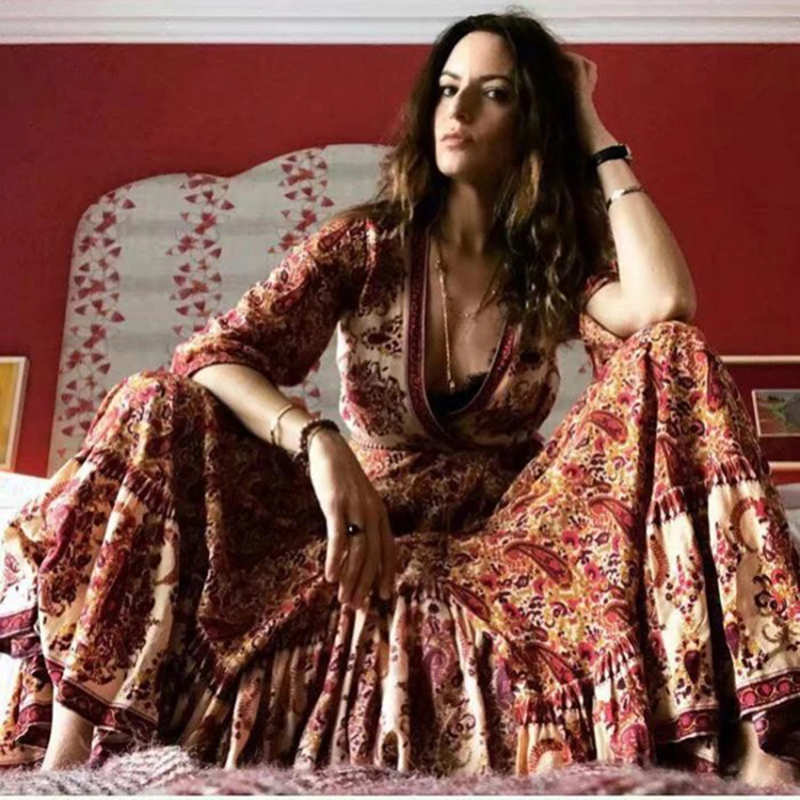 Женское пляжное платье HUDIElong богемное в стиле бохо с цветочным принтом и v