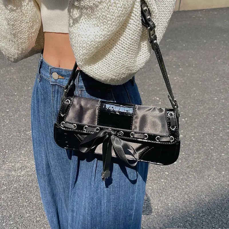 

Vintage Bowknot Women Underarm Bag Crocodile Pattern Ladies Small Armpit Shoulder Bags Fashion Cool Girls Black Purse Handbags