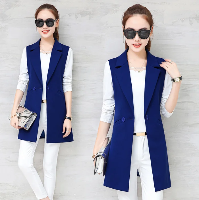 

Spring Autumn Sleeveless Vests Long Suit Vest Women Slim Blazer Vest Coat Waistcoat Office Lady Elegant Black Red Blue