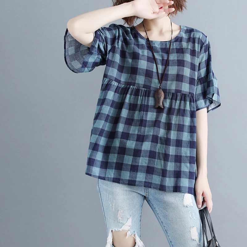 

Fat Girl Art plus Size Women's Clothing Summer New Loose Plaid Short-Sleeved T-shirt Tummy Hiding Fat Hiding Cotton Linen