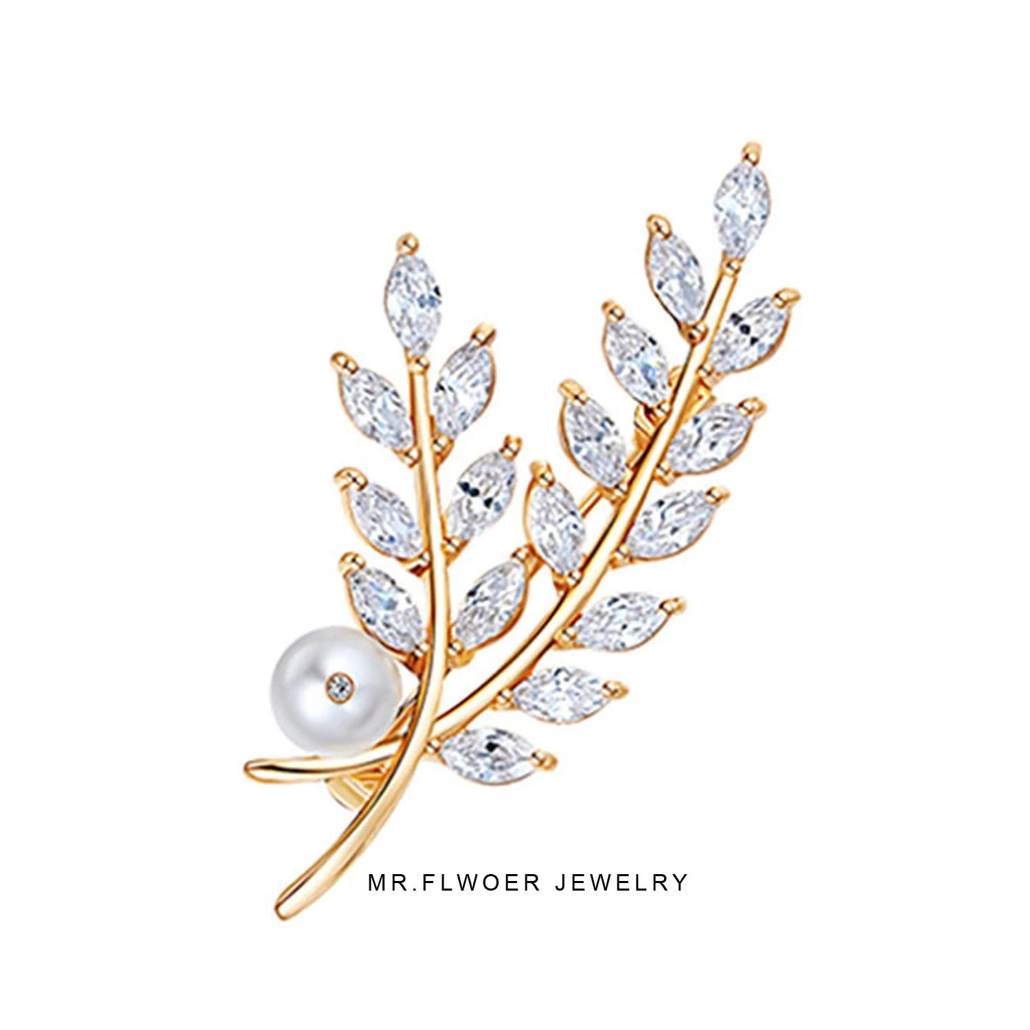 

classic Leaf shape Zircon Brooch for women simple but stunning copper with 3 layers 18k gold plated