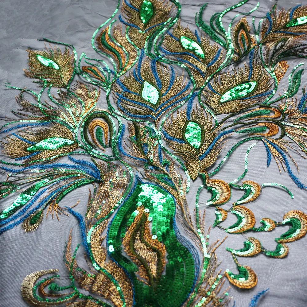 130 см зеленый павлин перо Феникс кружево ткань черная сетка вышитое платье