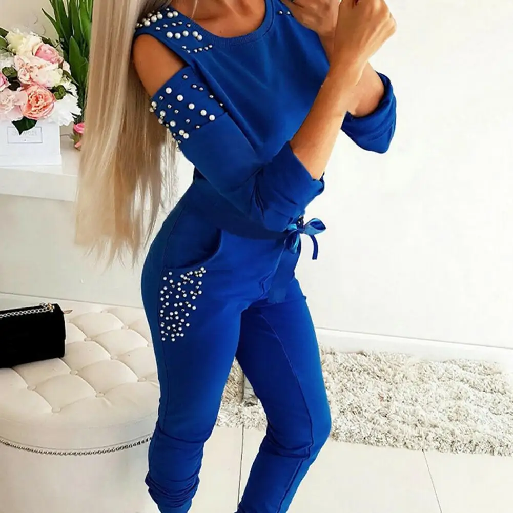 

Женский комплект из двух предметов с длинными рукавами и карманами, украшенный бисером, топ с открытыми плечами и штаны, уличная одежда