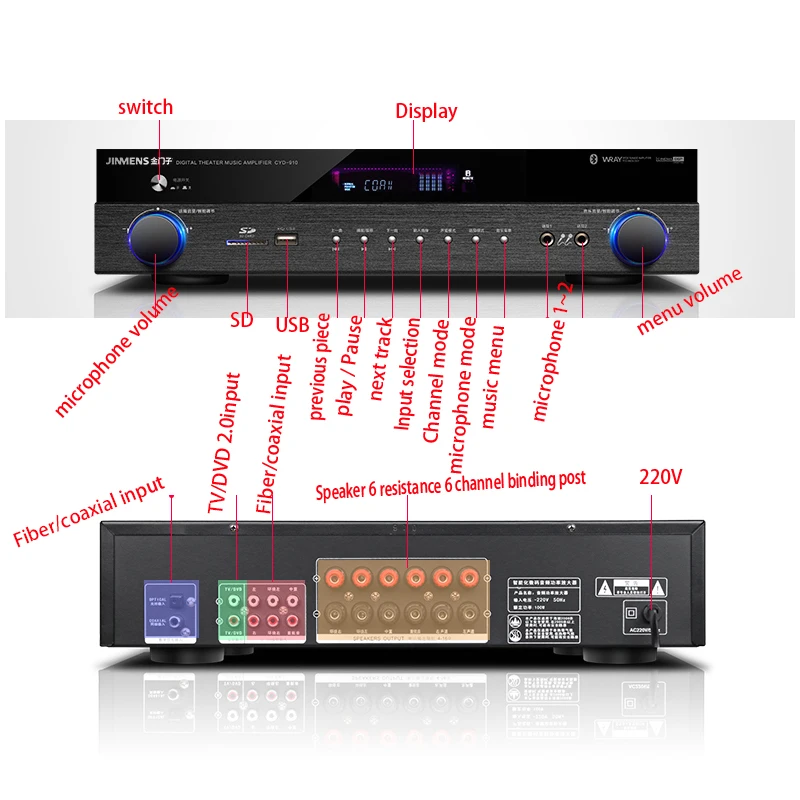 Kaolanhon 220V 450W 750W H-8002 4.0 Bluetooth Amplifier HDMI Loss Home Theater 5.1 Channel Digital Amplifier Home Karaoke