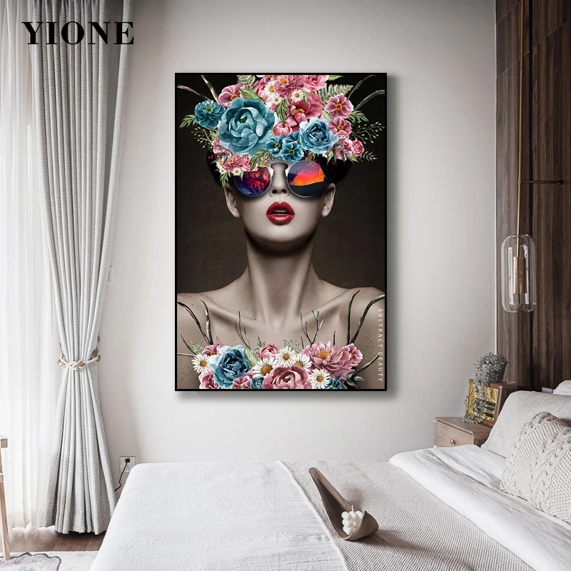 

Modern Flowers Woman Canvas Prints Abstract Volcanic Earth Glasses Figure Art Painting Wall Picture Poster for Living Room Aisle