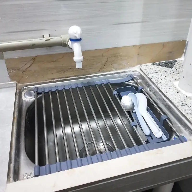

Kitchen Folding Drain Rack Fold Dish Drainer Tray Stainless Sink Drain Basket Washing Vegetable Fruit Drying Rack Net Steel