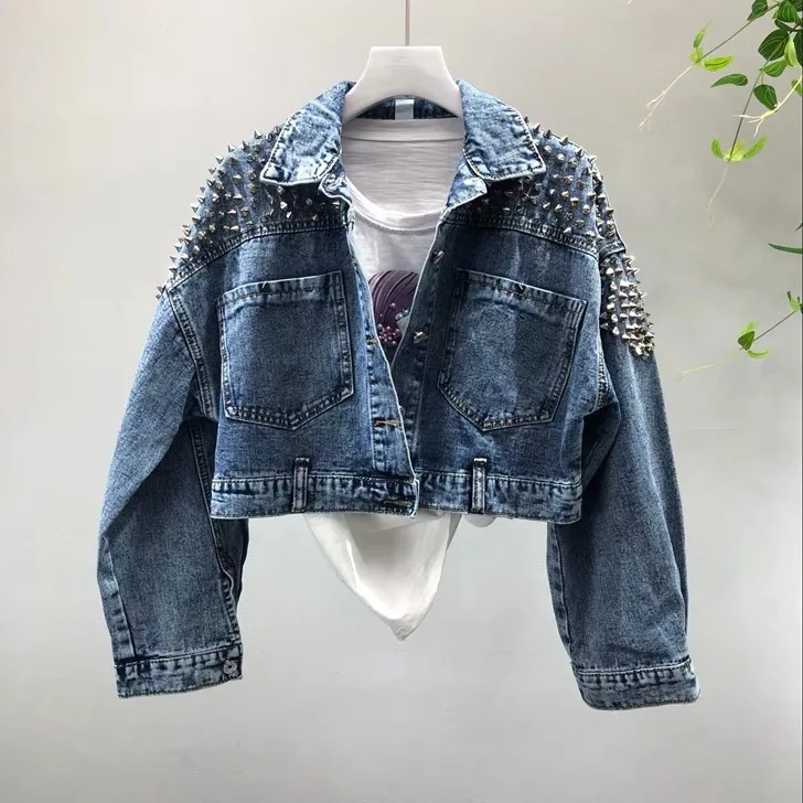 

denim jacket women's bat sleeve heavy industry willow nail short washed cowboy jacket 2021 spring Autumn New Korean coat